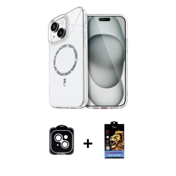 MARSİLYAN™- iPhone 14 Kılıf Kıvılcım Form Prime - Siyah Buffer Hayalet Cam Ekran Koruyucu + PVD Metal Kamera Lens - GS