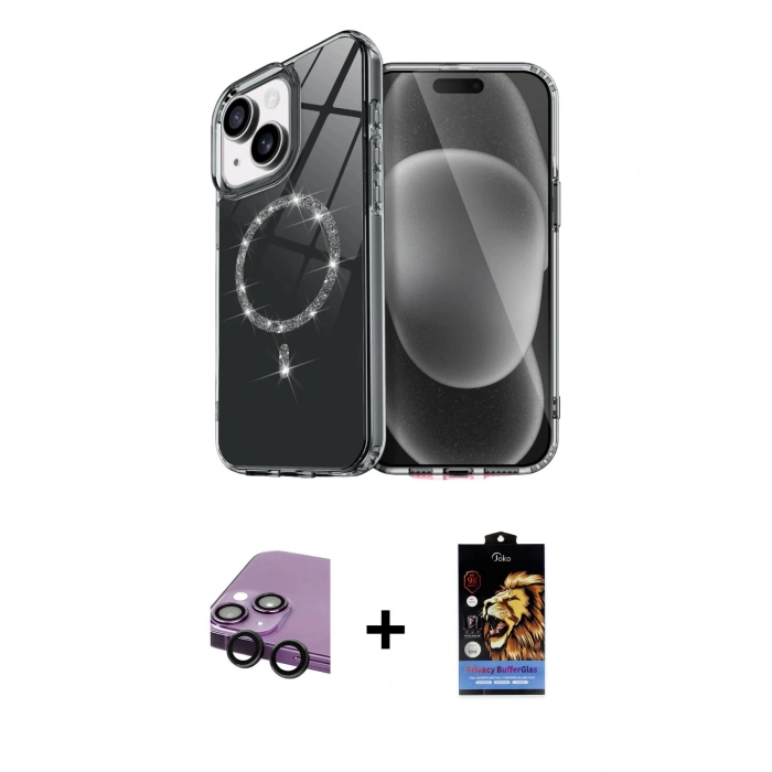 MARSİLYAN™- iPhone 14 Kılıf Kıvılcım Form Prime - Siyah Buffer Hayalet Cam Ekran Koruyucu + Raze Metal Kamera Lens - SH