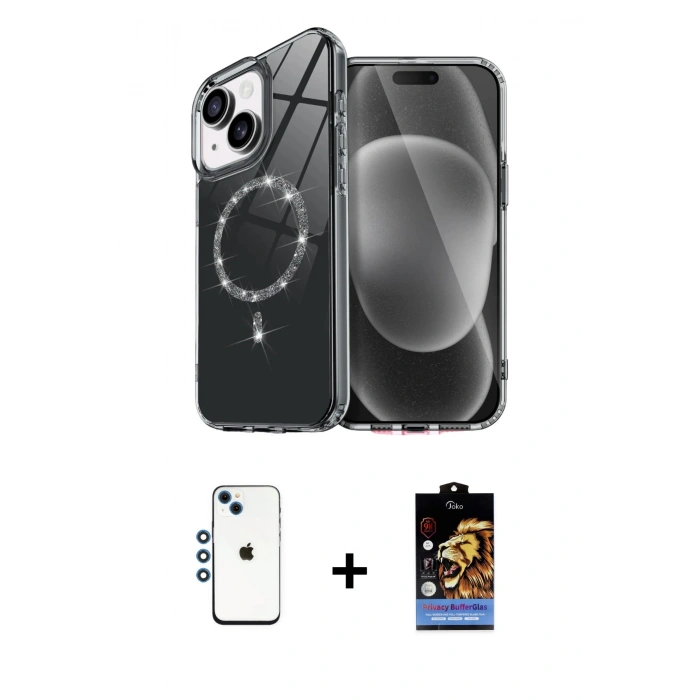MARSİLYAN™- iPhone 14 Kılıf Kıvılcım Form Prime - Siyah Buffer Hayalet Cam Ekran Koruyucu + Shine Kamera Lens - MI