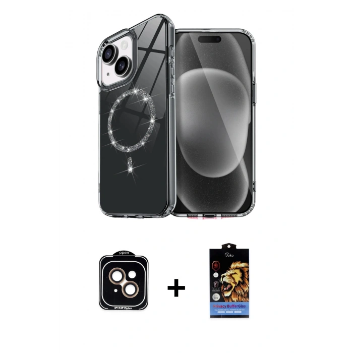 MARSİLYAN™- iPhone 14 Kılıf Kıvılcım Form Prime - Siyah Buffer Hayalet Cam Ekran Koruyucu + PVD Metal Kamera Lens - TU
