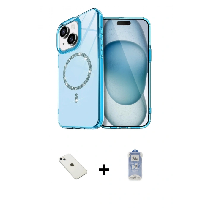 MARSİLYAN™- iPhone 14 Kılıf Kıvılcım Form Prime - Siyah Joko Magic 5D Cam + Sierra Blue Diamond Kamera Lens