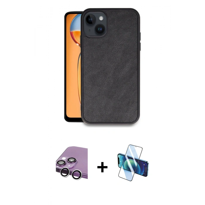 MARSİLYAN™- iPhone 14 Kılıf Kıvılcım Işık Serisi - Siyah 3D Antistatik Cam Ekran Koruyucu + Raze Metal Kamera Lens - GS