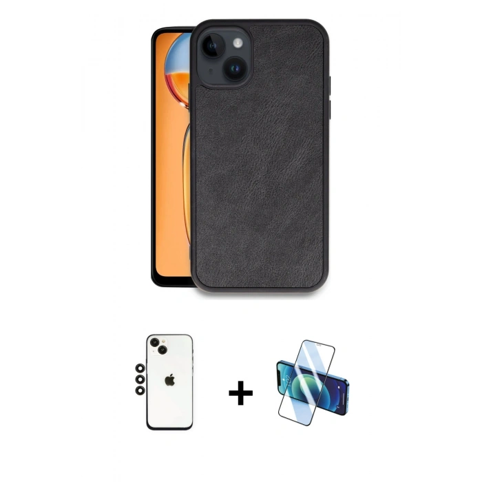 MARSİLYAN™- iPhone 14 Kılıf Kıvılcım Işık Serisi - Siyah 3D Antistatik Cam Ekran Koruyucu + Shine Kamera Lens - SH