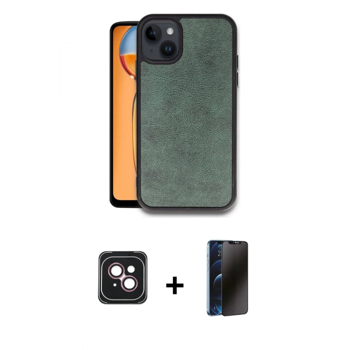 MARSİLYAN™- iPhone 14 Kılıf Kıvılcım Işık Serisi - Siyah 3D Antistatik Hayalet Cam Ekran Koruyucu + PVD Metal Kamera Lens - PE
