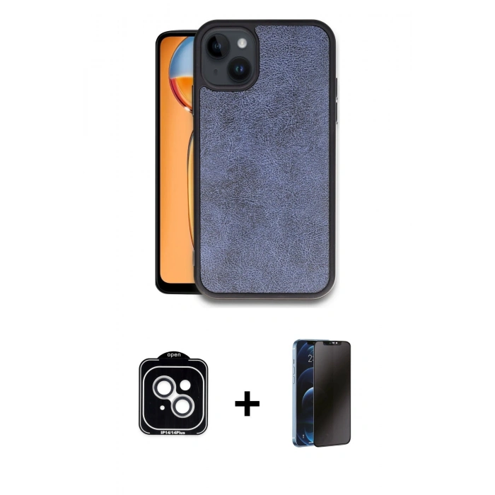 MARSİLYAN™- iPhone 14 Kılıf Kıvılcım Işık Serisi - Siyah 3D Antistatik Hayalet Cam Ekran Koruyucu + PVD Metal Kamera Lens - GS