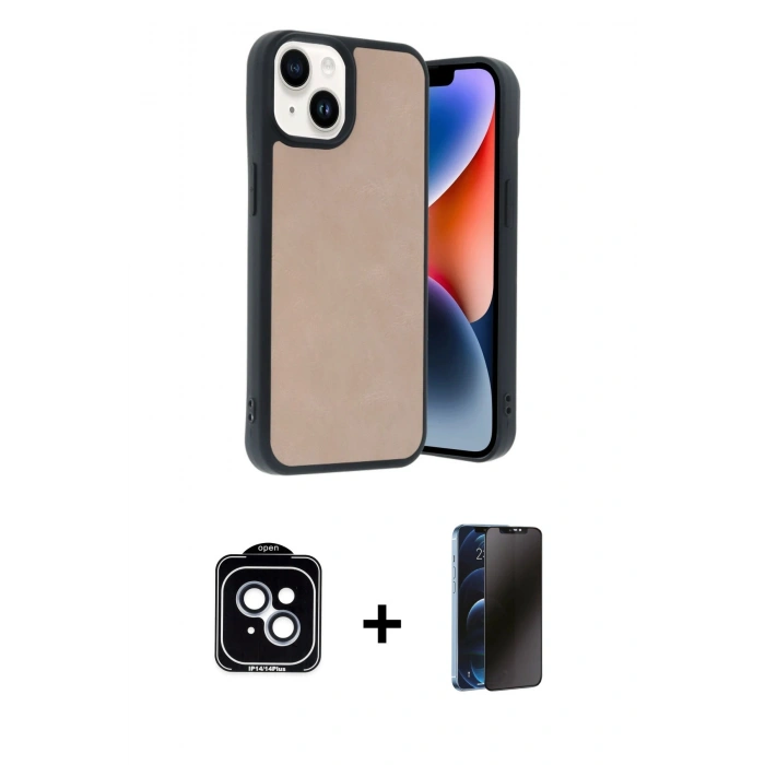 MARSİLYAN™- iPhone 14 Kılıf Kıvılcım Işık Serisi - Siyah 3D Antistatik Hayalet Cam Ekran Koruyucu + PVD Metal Kamera Lens - MI