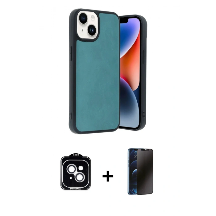 MARSİLYAN™- iPhone 14 Kılıf Kıvılcım Işık Serisi - Siyah 3D Antistatik Hayalet Cam Ekran Koruyucu + PVD Metal Kamera Lens - GS