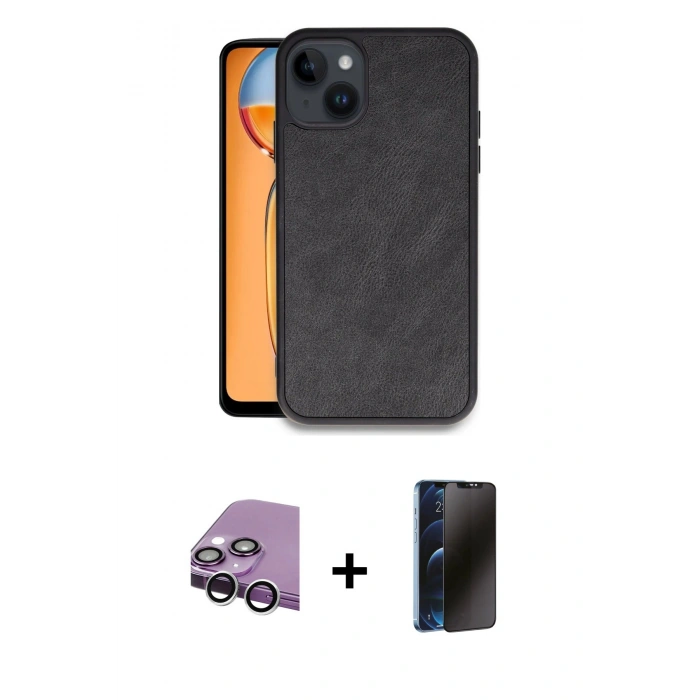 MARSİLYAN™- iPhone 14 Kılıf Kıvılcım Işık Serisi - Siyah 3D Antistatik Hayalet Cam Ekran Koruyucu + Raze Metal Kamera Lens - GS