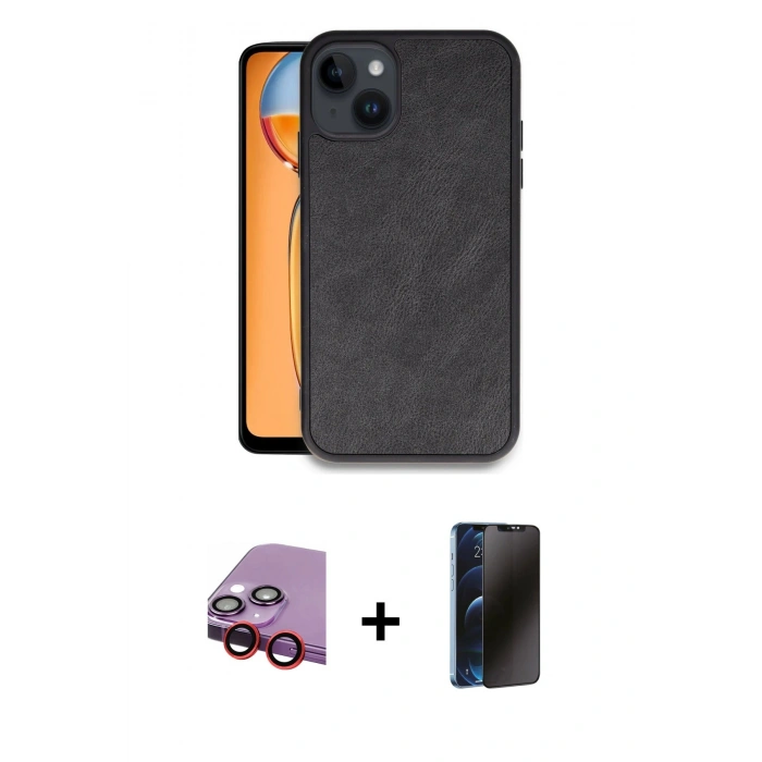 MARSİLYAN™- iPhone 14 Kılıf Kıvılcım Işık Serisi - Siyah 3D Antistatik Hayalet Cam Ekran Koruyucu + Raze Metal Kamera Lens - KI