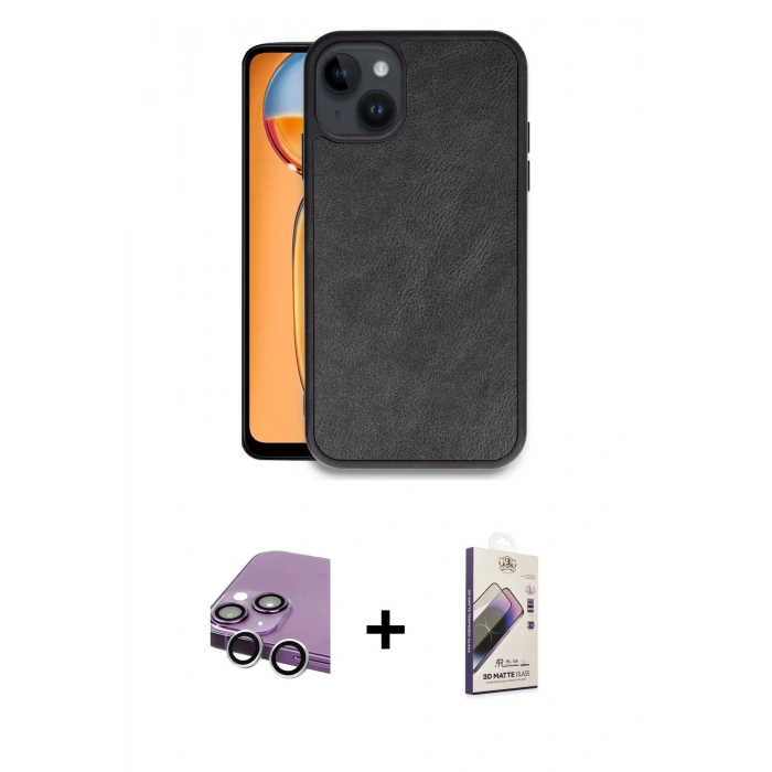 MARSİLYAN™- iPhone 14 Kılıf Kıvılcım Işık Serisi - Siyah Bilvis 3D Mat Cam Ekran Koruyucu + Raze Metal Kamera Lens - GS