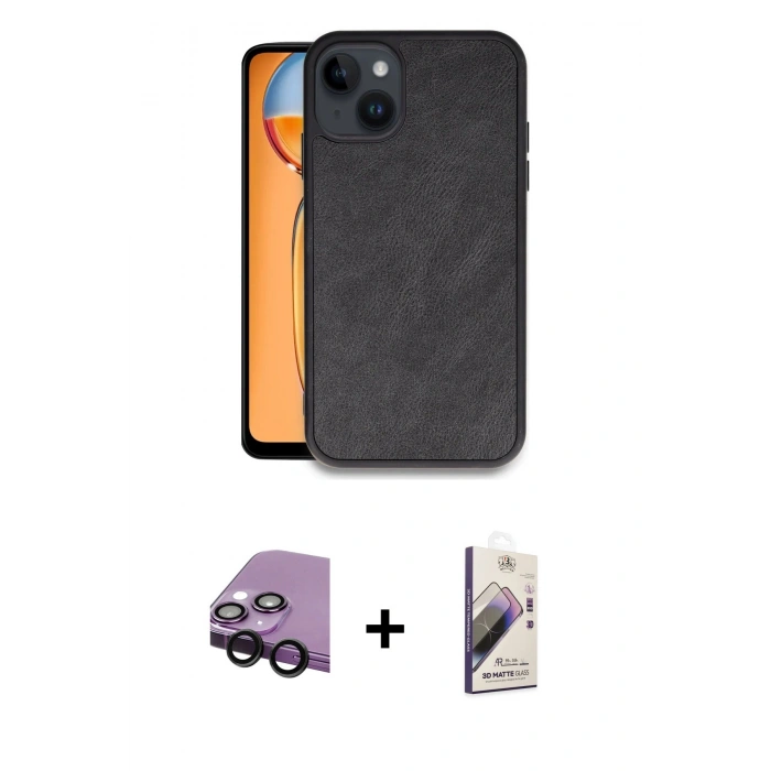 MARSİLYAN™- iPhone 14 Kılıf Kıvılcım Işık Serisi - Siyah Bilvis 3D Mat Cam Ekran Koruyucu + Raze Metal Kamera Lens - SH