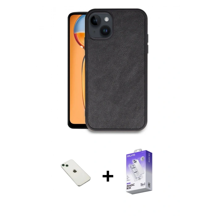 MARSİLYAN™- iPhone 14 Kılıf Kıvılcım Işık Serisi - Siyah Bilvis 5in1 3D Magic Cam Ekran Koruyucu + Diamond Kamera Lens - YL