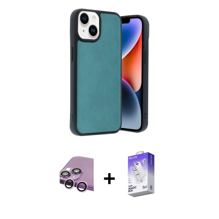 MARSİLYAN™- iPhone 14 Kılıf Kıvılcım Işık Serisi - Siyah Bilvis 5in1 3D Magic Cam Ekran Koruyucu + Mor Raze Metal Kamera Lens