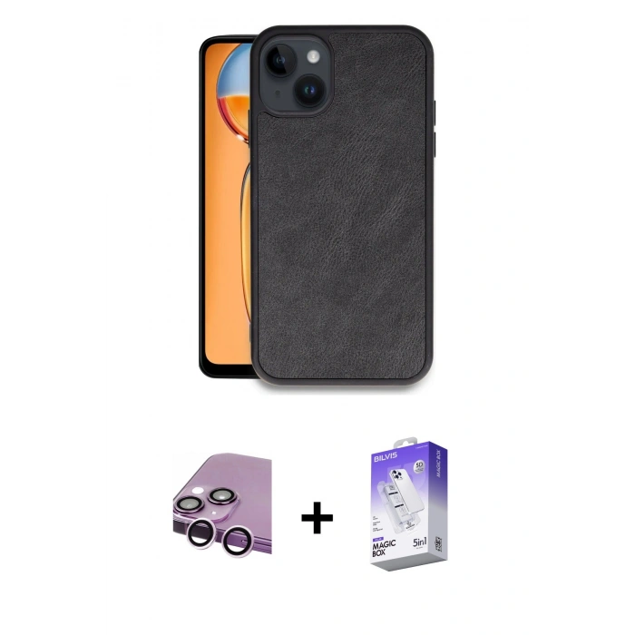 MARSİLYAN™- iPhone 14 Kılıf Kıvılcım Işık Serisi - Siyah Bilvis 5in1 3D Magic Cam Ekran Koruyucu + Raze Metal Kamera Lens - MR