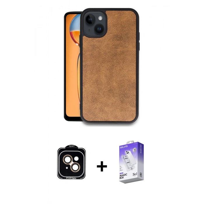 MARSİLYAN™- iPhone 14 Kılıf Kıvılcım Işık Serisi - Siyah Bilvis 5in1 3D Magic Cam Ekran Koruyucu + Turuncu PVD Metal Kamera Lens