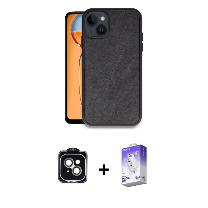 MARSİLYAN™- iPhone 14 Kılıf Kıvılcım Işık Serisi - Siyah Bilvis 5in1 3D Magic Cam Ekran Koruyucu + PVD Metal Kamera Lens - YL