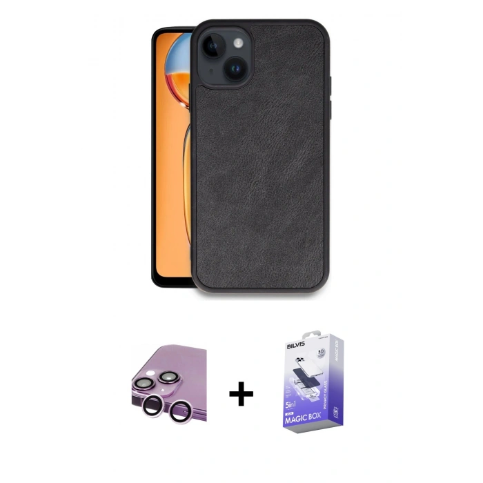 MARSİLYAN™- iPhone 14 Kılıf Kıvılcım Işık Serisi - Siyah Bilvis 5in1 5D Magic Hayalet Cam Ekran Koruyucu + Mor Raze Metal Kamera Lens