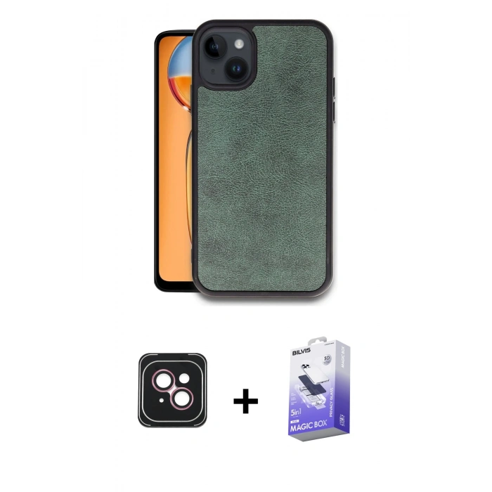 MARSİLYAN™- iPhone 14 Kılıf Kıvılcım Işık Serisi - Siyah Bilvis 5in1 5D Magic Hayalet Cam Ekran Koruyucu + PVD Metal Kamera Lens - PE