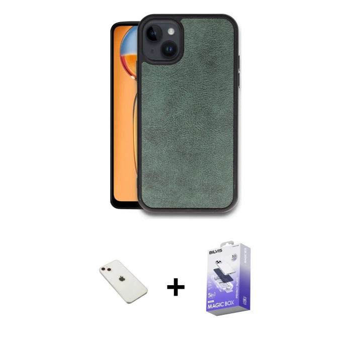 MARSİLYAN™- iPhone 14 Kılıf Kıvılcım Işık Serisi - Siyah Bilvis 5in1 5D Magic Hayalet Cam Ekran Koruyucu + Diamond Kamera Lens - PE