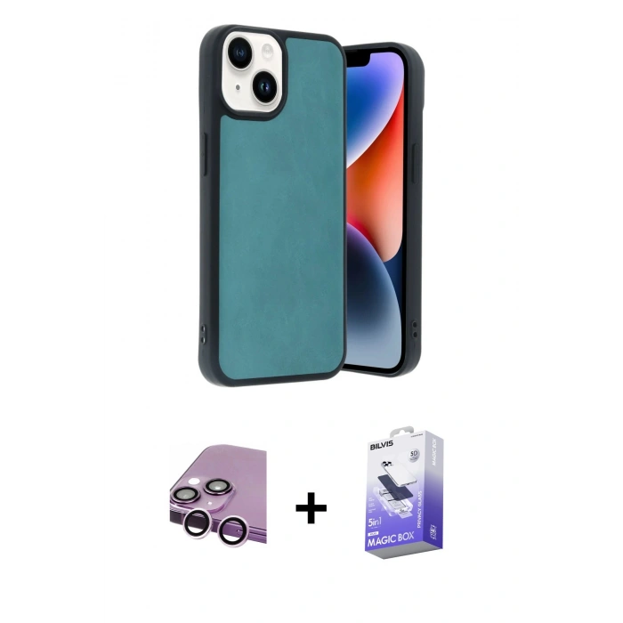 MARSİLYAN™- iPhone 14 Kılıf Kıvılcım Işık Serisi - Siyah Bilvis 5in1 5D Magic Hayalet Cam Ekran Koruyucu + Raze Metal Kamera Lens - MR