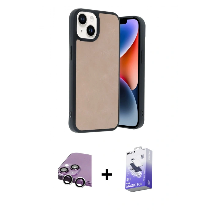 MARSİLYAN™- iPhone 14 Kılıf Kıvılcım Işık Serisi - Siyah Bilvis 5in1 5D Magic Hayalet Cam Ekran Koruyucu + Raze Metal Kamera Lens - GS