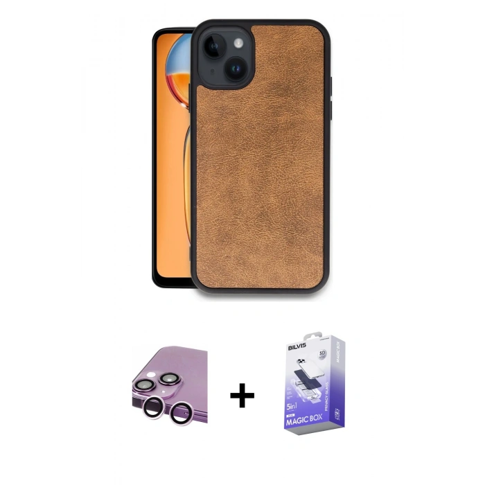 MARSİLYAN™- iPhone 14 Kılıf Kıvılcım Işık Serisi - Siyah Bilvis 5in1 5D Magic Hayalet Cam Ekran Koruyucu + Mor Raze Metal Kamera Lens