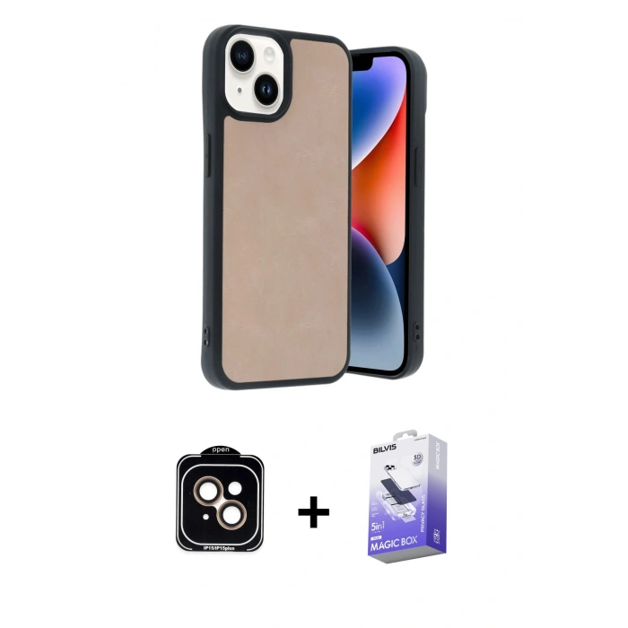 MARSİLYAN™- iPhone 14 Kılıf Kıvılcım Işık Serisi - Siyah Bilvis 5in1 5D Magic Hayalet Cam Ekran Koruyucu + Turuncu PVD Metal Kamera Lens
