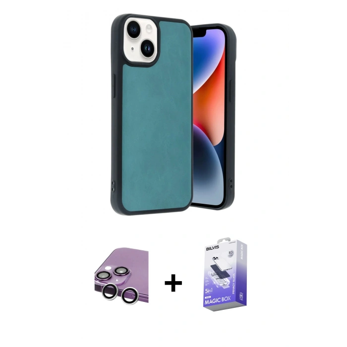 MARSİLYAN™- iPhone 14 Kılıf Kıvılcım Işık Serisi - Siyah Bilvis 5in1 5D Magic Hayalet Cam Ekran Koruyucu + Raze Metal Kamera Lens - GS