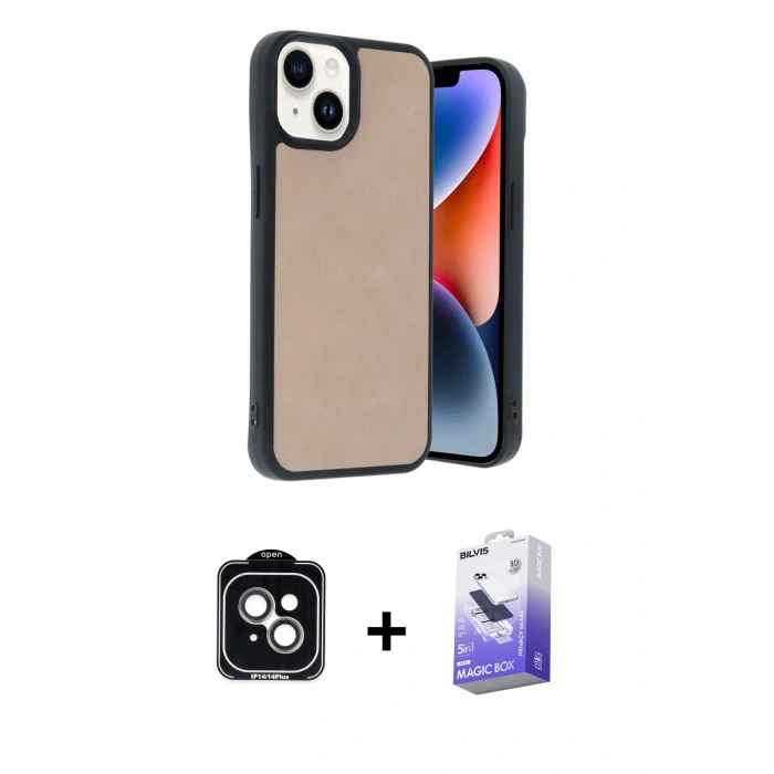 MARSİLYAN™- iPhone 14 Kılıf Kıvılcım Işık Serisi - Siyah Bilvis 5in1 5D Magic Hayalet Cam Ekran Koruyucu + PVD Metal Kamera Lens - YL