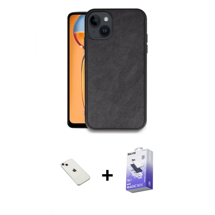 MARSİLYAN™- iPhone 14 Kılıf Kıvılcım Işık Serisi - Siyah Bilvis 5in1 5D Magic Hayalet Cam Ekran Koruyucu + Diamond Kamera Lens - KI