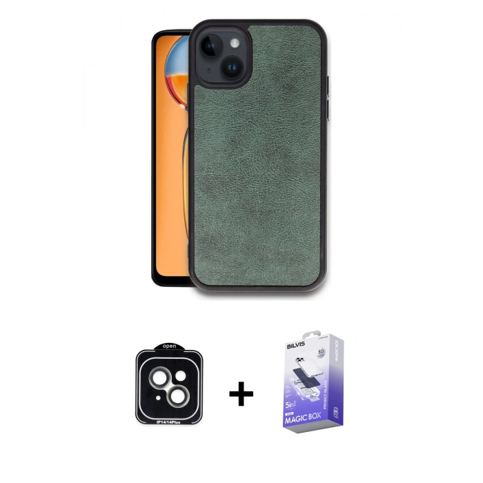 MARSİLYAN™- iPhone 14 Kılıf Kıvılcım Işık Serisi - Siyah Bilvis 5in1 5D Magic Hayalet Cam Ekran Koruyucu + PVD Metal Kamera Lens - YL