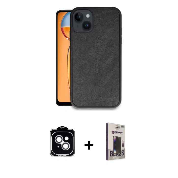 MARSİLYAN™- iPhone 14 Kılıf Kıvılcım Işık Serisi - Siyah Bilvis Hayalet Cam Ekran Koruyucu + PVD Metal Kamera Lens - GS