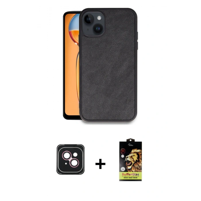 MARSİLYAN™- iPhone 14 Kılıf Kıvılcım Işık Serisi - Siyah Buffer Cam Ekran Koruyucu + Pembe PVD Metal Kamera Lens