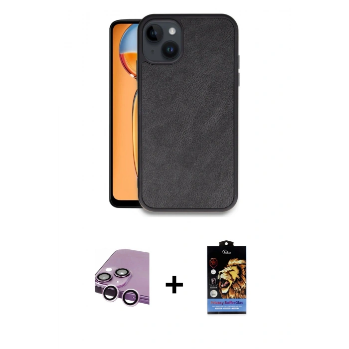 MARSİLYAN™- iPhone 14 Kılıf Kıvılcım Işık Serisi - Siyah Buffer Hayalet Cam Ekran Koruyucu + Mor Raze Metal Kamera Lens