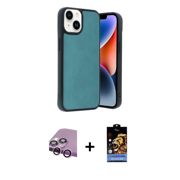 MARSİLYAN™- iPhone 14 Kılıf Kıvılcım Işık Serisi - Siyah Buffer Hayalet Cam Ekran Koruyucu + Mor Raze Metal Kamera Lens