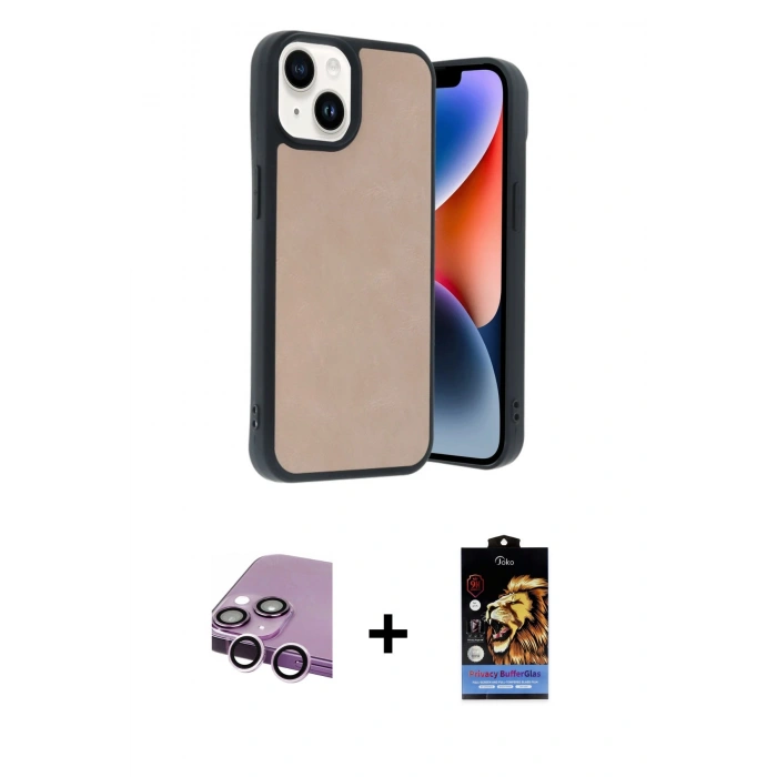 MARSİLYAN™- iPhone 14 Kılıf Kıvılcım Işık Serisi - Siyah Buffer Hayalet Cam Ekran Koruyucu + Mor Raze Metal Kamera Lens
