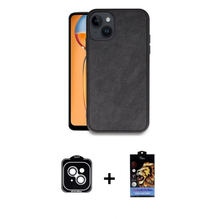 MARSİLYAN™- iPhone 14 Kılıf Kıvılcım Işık Serisi - Siyah Buffer Hayalet Cam Ekran Koruyucu + PVD Metal Kamera Lens - GS