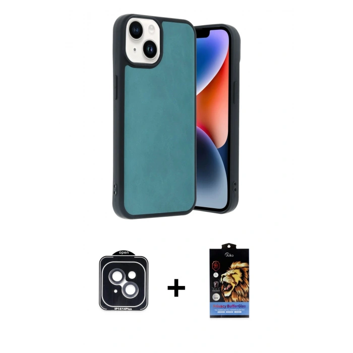 MARSİLYAN™- iPhone 14 Kılıf Kıvılcım Işık Serisi - Siyah Buffer Hayalet Cam Ekran Koruyucu + Siyah PVD Metal Kamera Lens