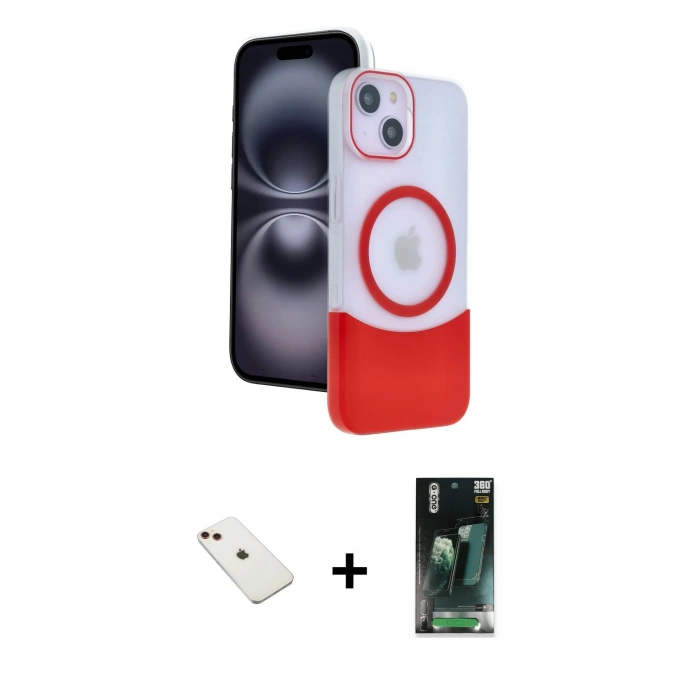 MARSİLYAN™- iPhone 14 Kılıf Kozmos Form Özel Seri - Şeffaf 360 Full Body Arka Koruyucu + Kırmızı Diamond Kamera Lens