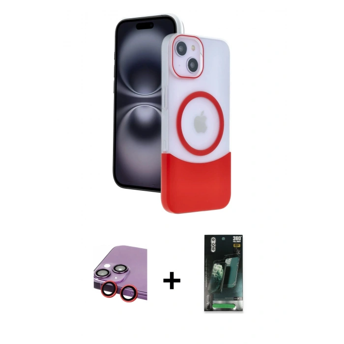 MARSİLYAN™- iPhone 14 Kılıf Kozmos Form Özel Seri - Şeffaf 360 Full Body Arka Koruyucu + Kırmızı Raze Metal Kamera Lens