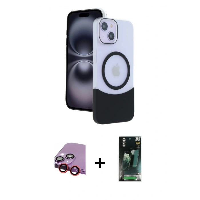 MARSİLYAN™- iPhone 14 Kılıf Kozmos Form Özel Seri - Şeffaf 360 Full Body Arka Koruyucu + Kırmızı Raze Metal Kamera Lens