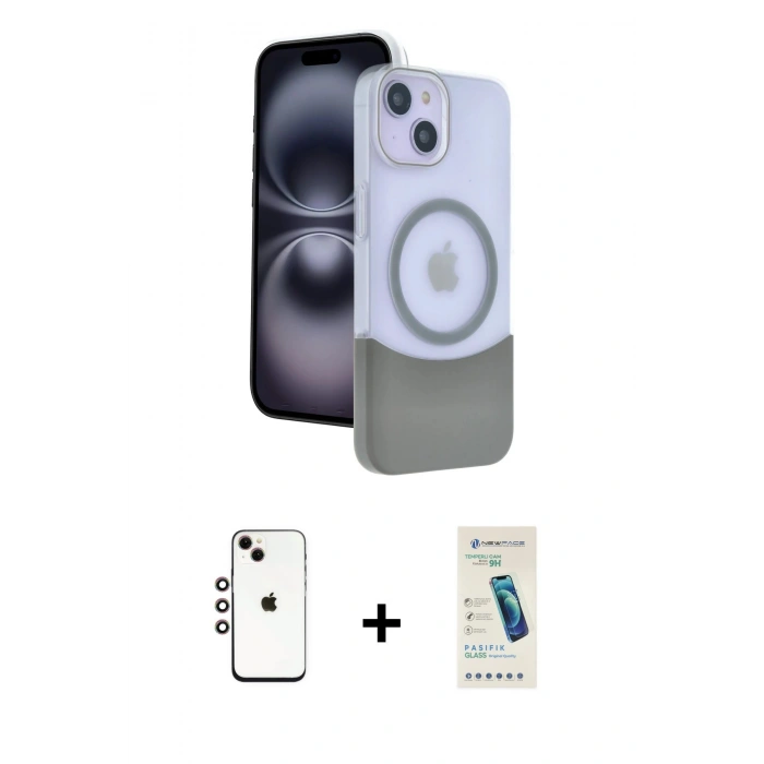 MARSİLYAN™- iPhone 14 Kılıf Kozmos Form Özel Seri - Şeffaf Pasifik Cam Ekran Koruyucu + Shine Kamera Lens - GI