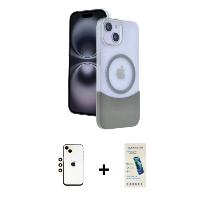 MARSİLYAN™- iPhone 14 Kılıf Kozmos Form Özel Seri - Şeffaf Pasifik Cam Ekran Koruyucu + Shine Kamera Lens - GD