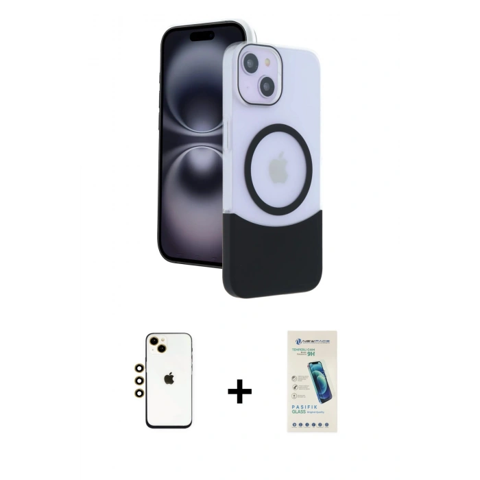 MARSİLYAN™- iPhone 14 Kılıf Kozmos Form Özel Seri - Şeffaf Pasifik Cam Ekran Koruyucu + Shine Kamera Lens - GD