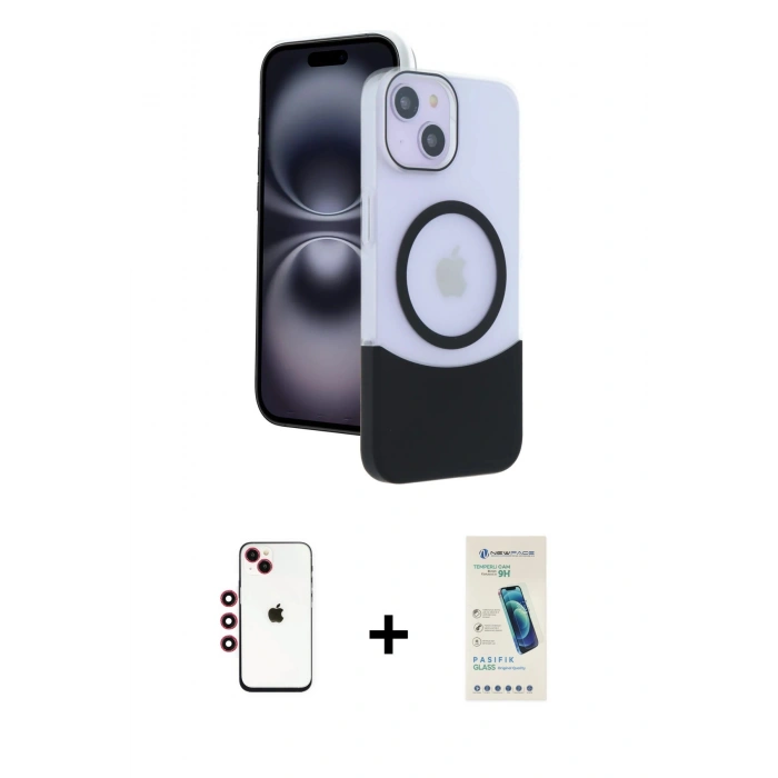 MARSİLYAN™- iPhone 14 Kılıf Kozmos Form Özel Seri - Şeffaf Pasifik Cam Ekran Koruyucu + Shine Kamera Lens - KI