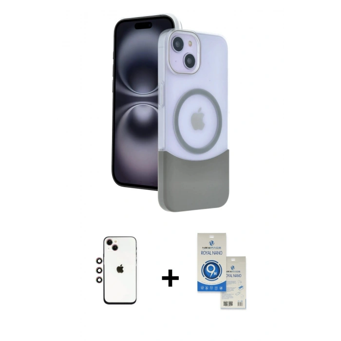 MARSİLYAN™- iPhone 14 Kılıf Kozmos Form Özel Seri - Şeffaf Royal Nano Ekran Koruyucu + Gökkuşağı Shine Kamera Lens