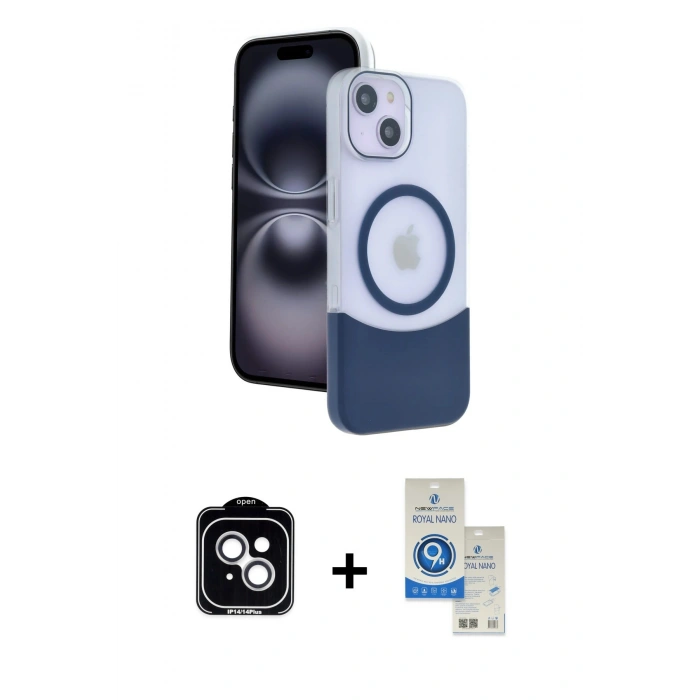 MARSİLYAN™- iPhone 14 Kılıf Kozmos Form Özel Seri - Şeffaf Royal Nano Ekran Koruyucu + PVD Metal Kamera Lens - GS