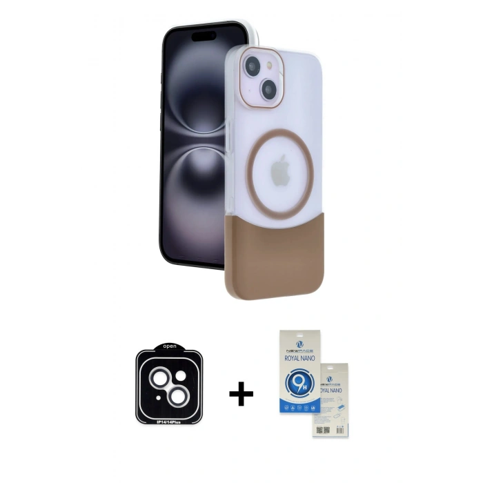 MARSİLYAN™- iPhone 14 Kılıf Kozmos Form Özel Seri - Şeffaf Royal Nano Ekran Koruyucu + PVD Metal Kamera Lens - GS