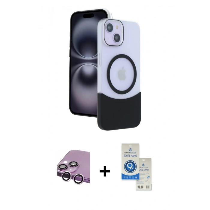 MARSİLYAN™- iPhone 14 Kılıf Kozmos Form Özel Seri - Şeffaf Royal Nano Ekran Koruyucu + Raze Metal Kamera Lens - MR