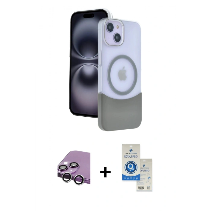 MARSİLYAN™- iPhone 14 Kılıf Kozmos Form Özel Seri - Şeffaf Royal Nano Ekran Koruyucu + Raze Metal Kamera Lens - GS